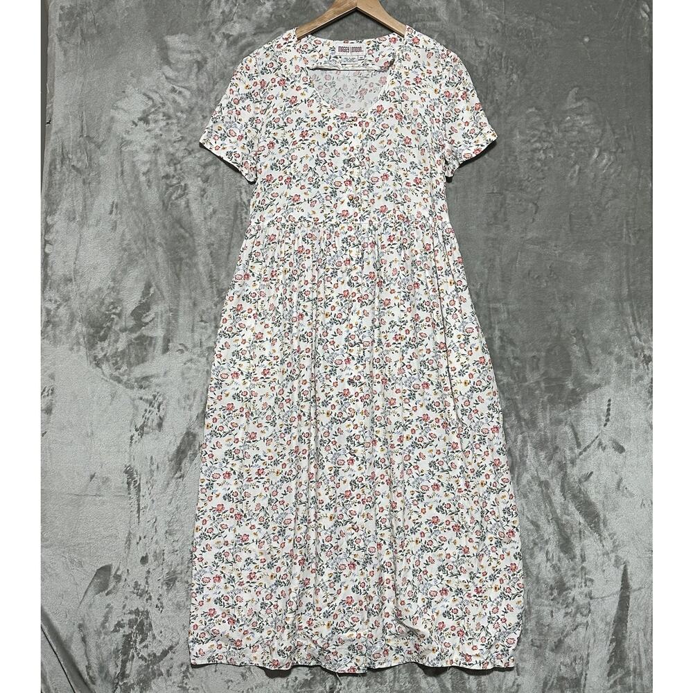 Vintage Maggy London 90s Ditzy Floral Button Front Dress Womens 10 White Garden